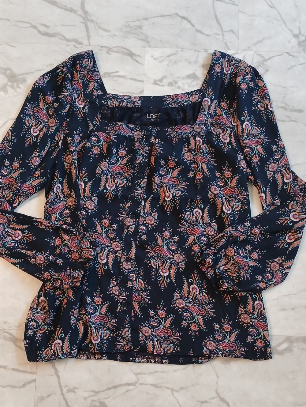 Loft Outlet Boho Black Puff Sleeve Paisley Square Neck Top Women's Medium